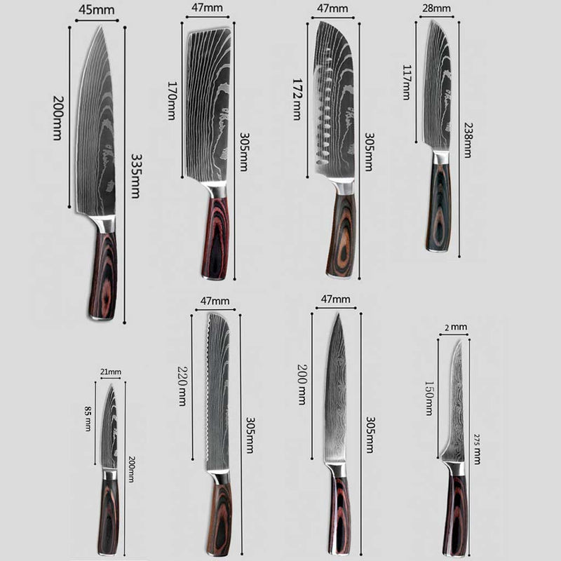 Medidas de cuchillos de cocina japoneses profesionales